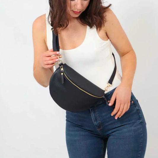 Navy Large Italian Leather Half Moon Crossbody Bag