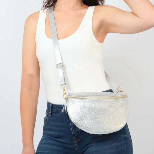 Silver Large Italian Leather Half Moon Crossbody Bag