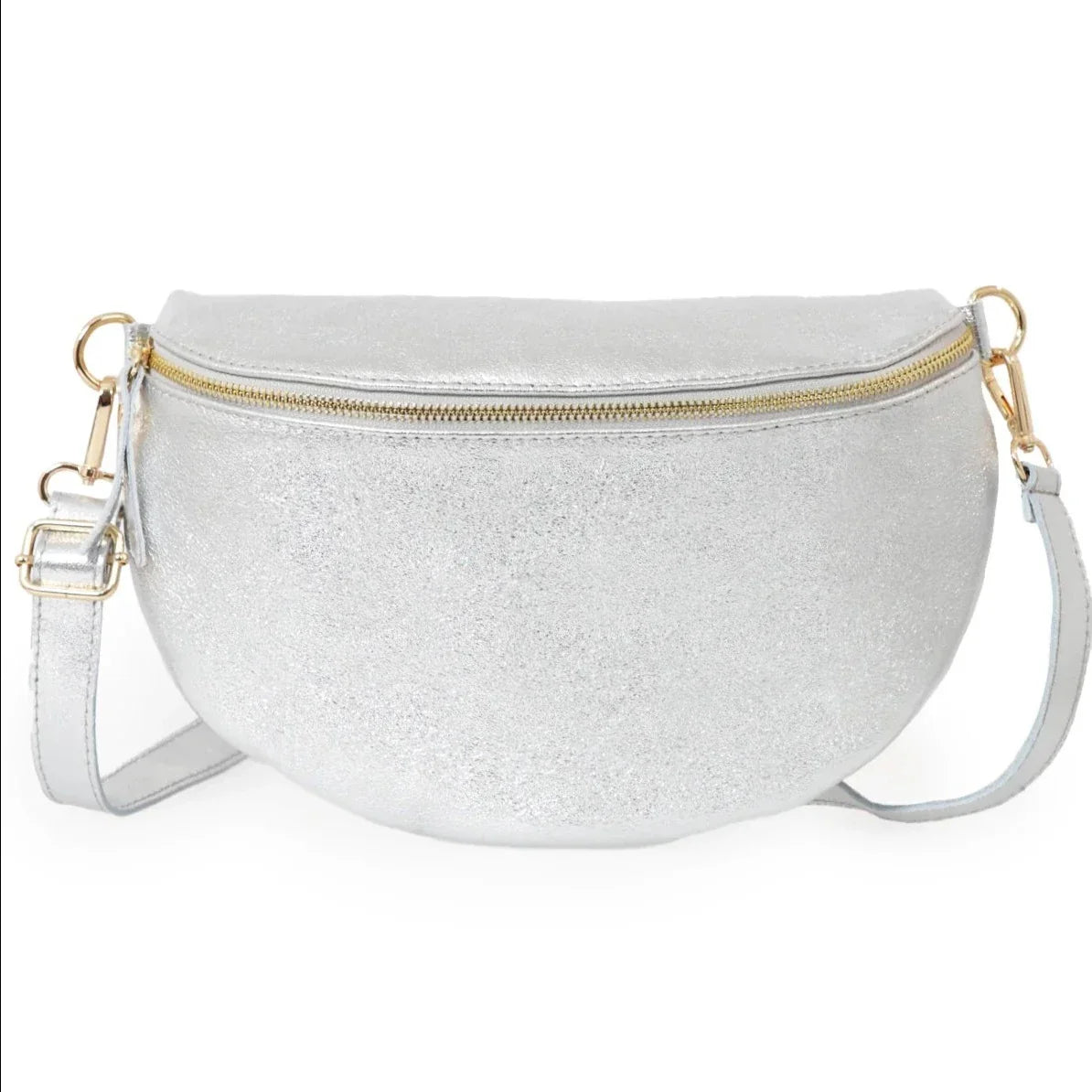 Silver Large Italian Leather Half Moon Crossbody Bag